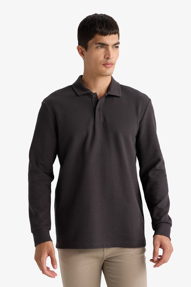 DeFacto Grey Man Regular Fit Polo Collar Long Sleeve Sweatshirt Casual - Image 3